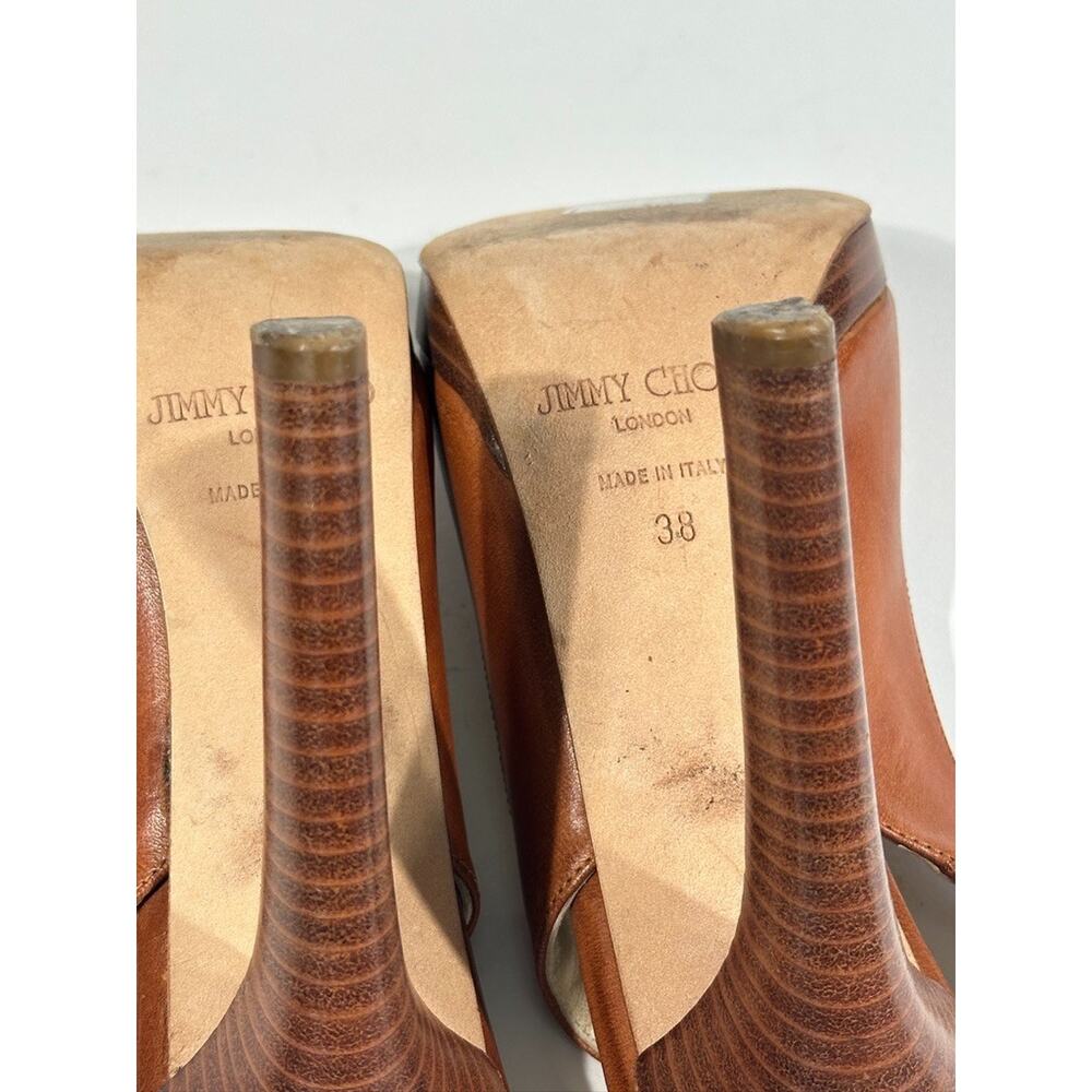 Jimmy Choo Platform Slingback Peep Roe Patent Leather Tan High Heel 7.5" - Picture 4 of 5